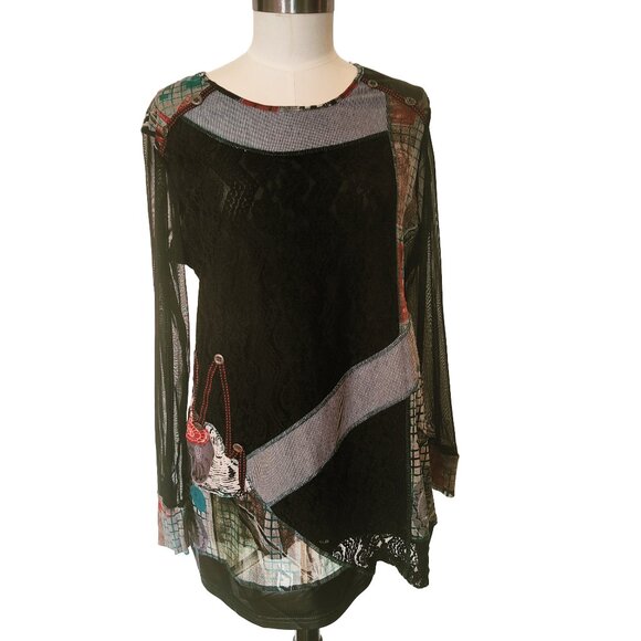 Kaktus Multi Fabric & Lace Patchwork Artsy Tunic Top Size Large - Picture 1 of 9